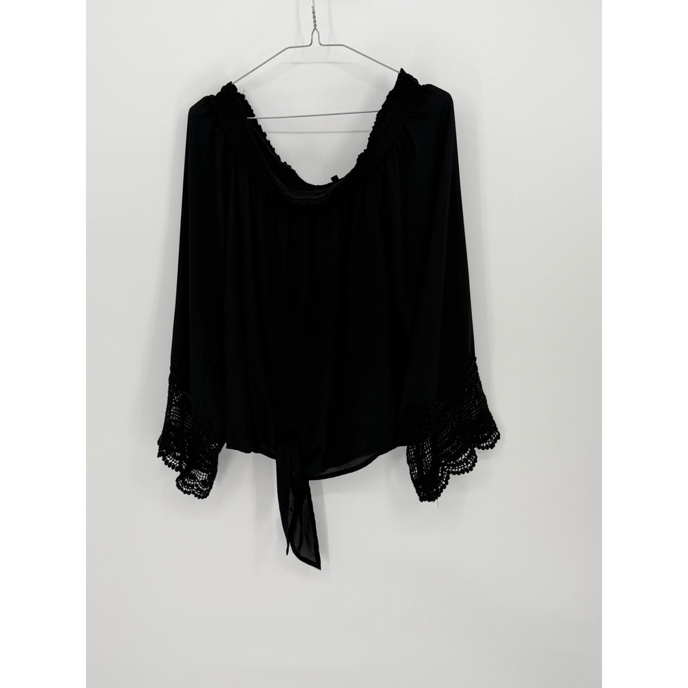 XOXO Womens Blouse Crochet Lace Sleeve Tie Front Black XL